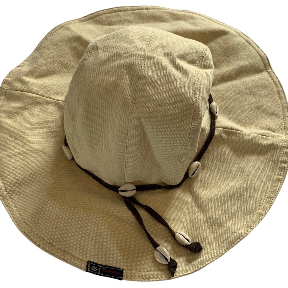 Lei jeans yellow puka shell suede floppy bucket sun hat